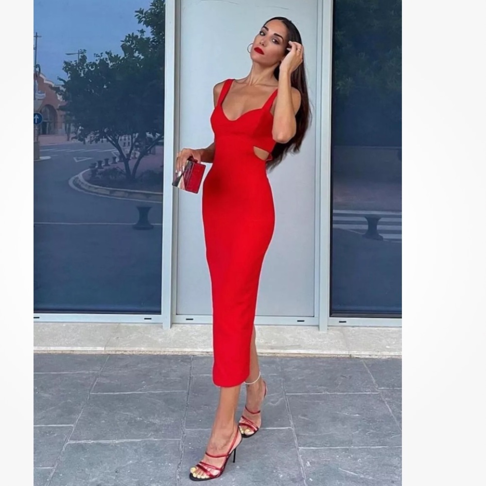 ZARA Red Strappy Cut-Out Midi Dress – Size M